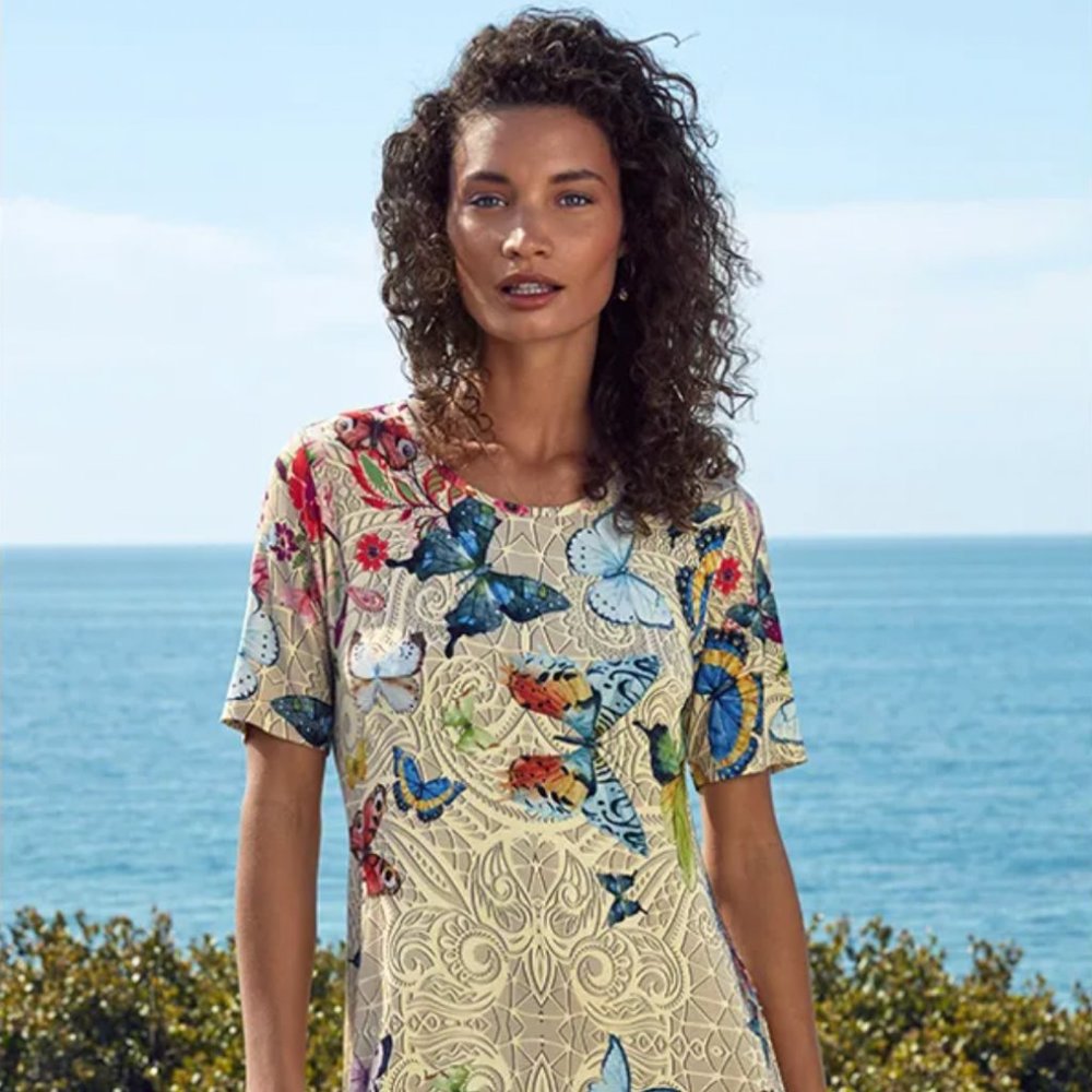 Johnny Was Mitchi Swing Dress in Butterfly Print Stretch Jersey Size L EUC